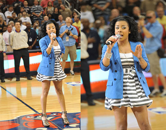 Keyshia Cole sang the national anthem at the Hawks vs.