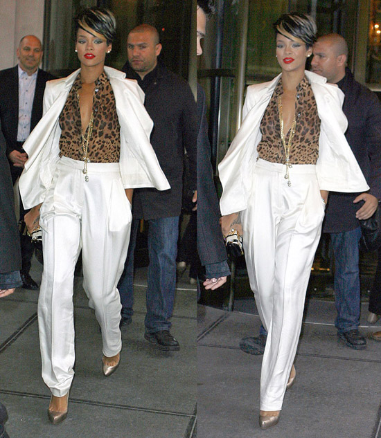 Rihanna was spotted in NYC in a white suit accented with a chiffon leopard