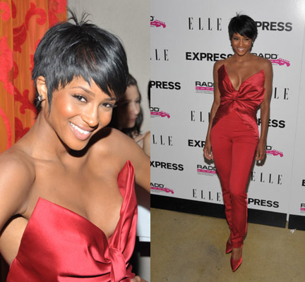 Ciara rocked a strapless red Marchesa jumpsuit for an Express and Elle 