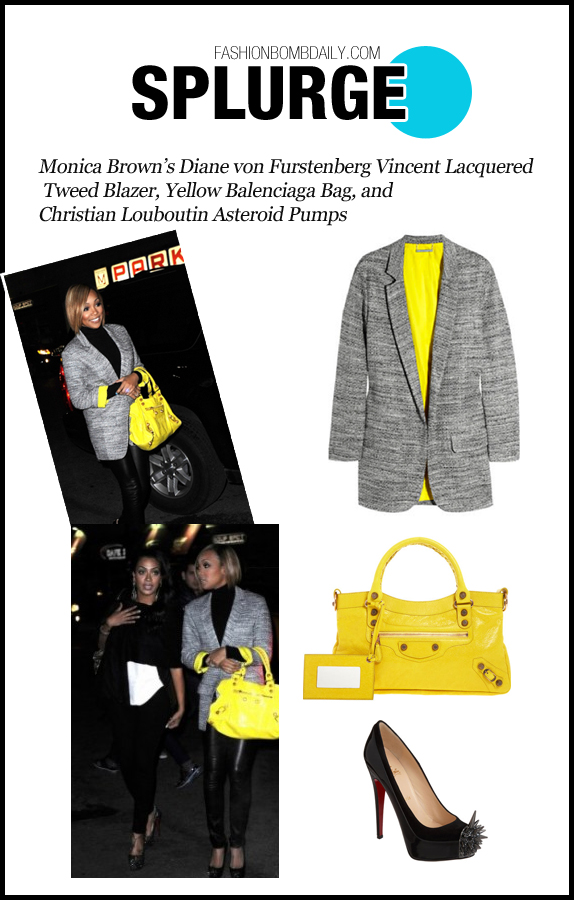 Her tweed blazer boasts a vibrant yellow lining that pops with rolled cuffs