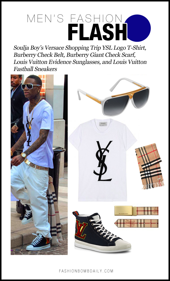  at Versace in a 275 Vneck YSL Logo Tshirt and low slung pants 