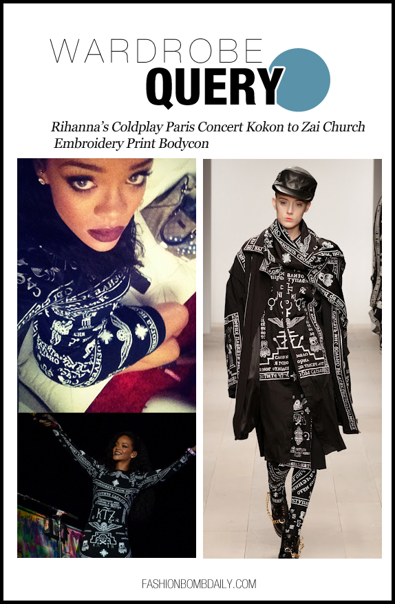 Wardrobe Query-090412-Rihanna’s Coldplay Paris Concert Kokon to Zai Church Embroidery Print Bodycon