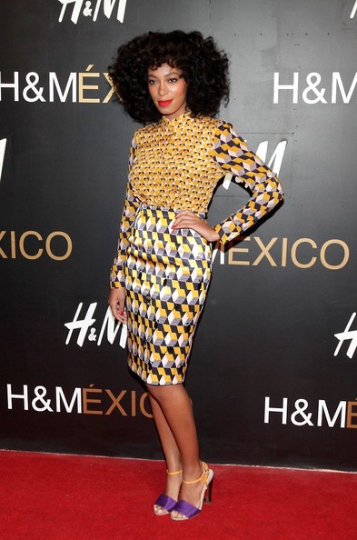 Steal-Solange-Knowless-HM-Sante-Fe-Grand-Opening-HM-Yellow-Silk-Printed-Blouse-and-Jersey-Pencil-Skirt