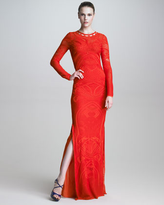 Knitted Dress on Barrier Reef Roberto Cavalli Red Pointelle Knit Long Sleeve Maxi Dress