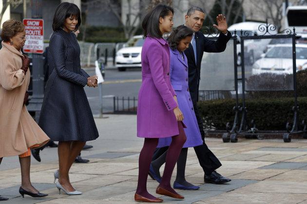 First Lady Michelle Obama Wears Thom Browne Patterned Coat and Dress and J.Crew Accessories to 2013 Inauguration of President Barack Obama 1
