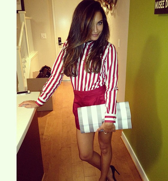 Naya Rivera’s Instagram Marc Jacobs Striped Shirt, Marc by Marc Jacobs Clark Twill Shorts, and Marc Jacobs Spring 2013 Stripe Clutch