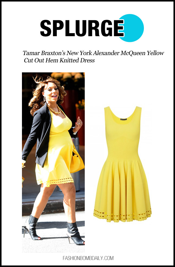 splurge-0405-Tamar Braxton’s New York Alexander McQueen Yellow Cut Out Hem Knitted Dress