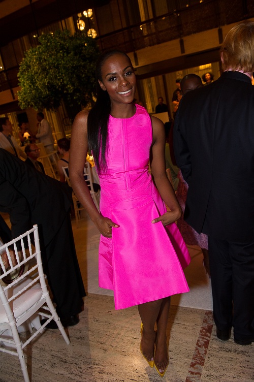 Tika Sumpter's Alvin Ailey American Dance Theater Opening Night Chado Ralph Rucci Spring 2013 Hot Pink Cocktail Dress and Manolo Blahnik Pumps