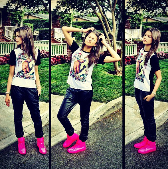zendaya-coleman-instagram-dimepiece-gangster-chic-tee-gucci-coda-neon-pink-leather-sneakers