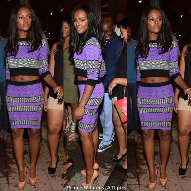 Tika Sumpter's Luda Day Weekend Nasty Gal Purple Printed Moffit Crop Sweater and Pencil Skirt