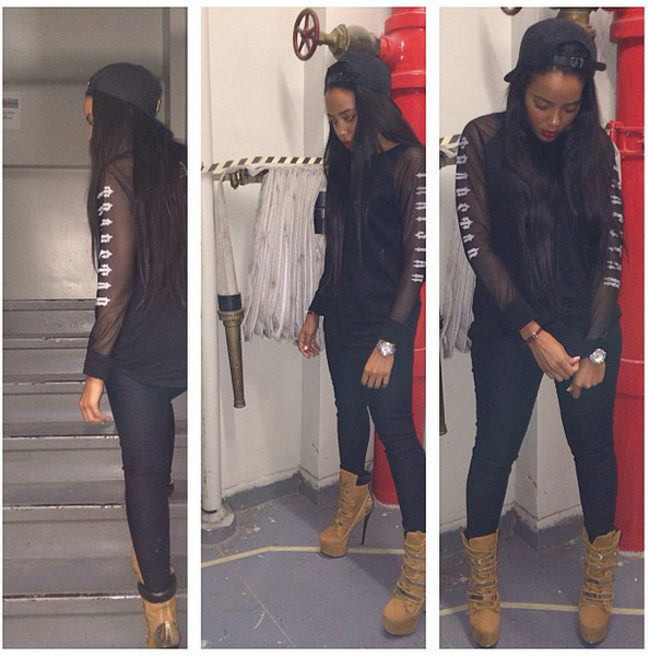 2 Angela Simmons's Instagram Trapstar Sheer Sleeved Top and Zigi NY Sublime Boots