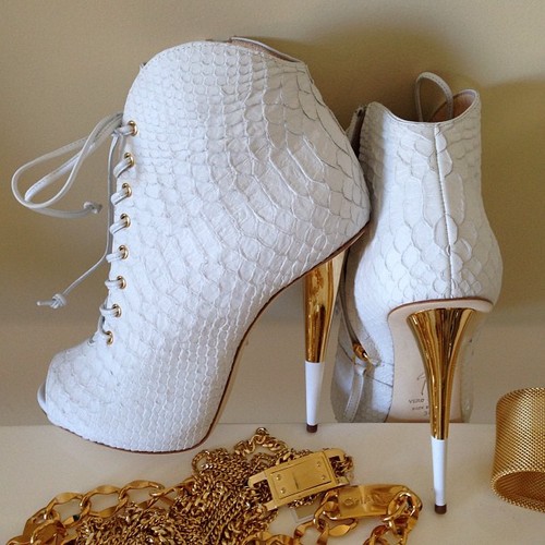 Nicki Minaj's Los Angeles K Mart Collection Launch White Giuseppe Zanotti Crocodile Embossed Lace Up Peep Toe Booties 1
