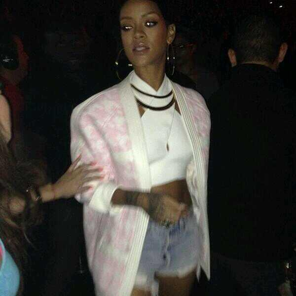 Rihanna's Drake LA Concert Balmain Spring 2014 Pink Printed Coat, Dion Lee Cut Out Halter Top, Levi's Cut Off Shorts, and Manolo Blahnik Chaos Sandals
