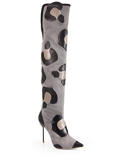 melissa drak concert hallie leopard print suede and leather thigh high boots