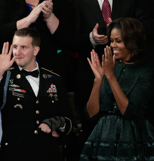 2 First Lady Michelle Obama wears Green Azzedine Alaia Cardigan and Dress for President Barack Obama's State of the Union Speech