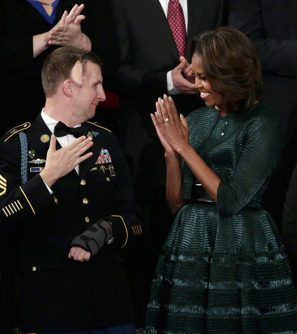 First Lady Michelle Obama wears Green Azzedine Alaia Cardigan and Dress for President Barack Obama's State of the Union Speech