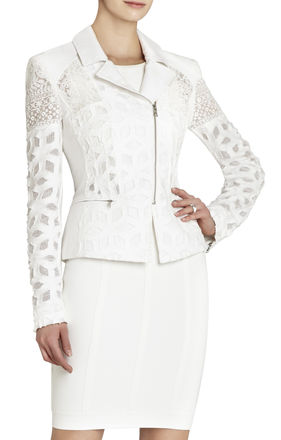 Lala Anthony's The Love Playbook Atlanta Signing BCBG Max Azria White Boe Jacquard Lace Moto Jacket, RVN Strapless Jacquard Dress, and Gianvito Rossi White and Perspex Pumps