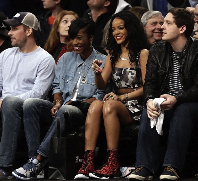 1 3 Rihanna's Brooklyn Nets Game Christopher Kane Gray Camouflage Print Dress and Air Jordan XX8 Quickstrike Red and Black Sneakers
