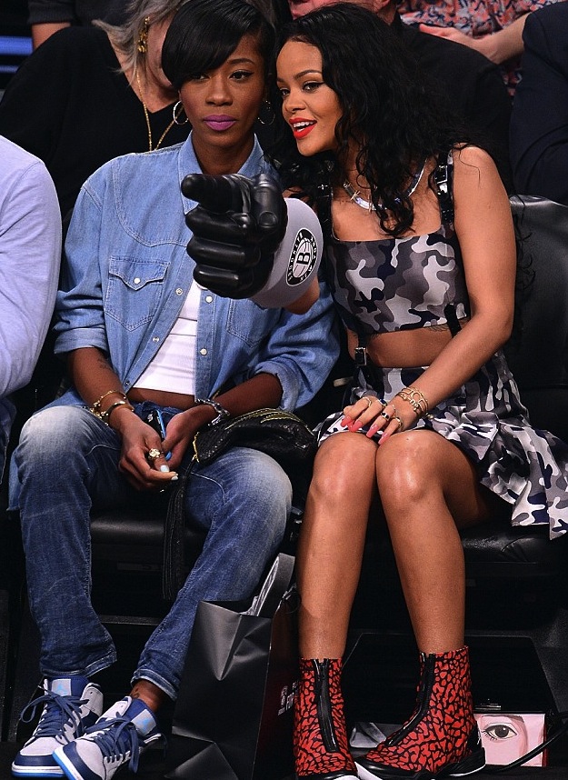 1 Rihanna's Brooklyn Nets Game Christopher Kane Gray Camouflage Print Dress and Air Jordan XX8 Quickstrike Red and Black Sneakers