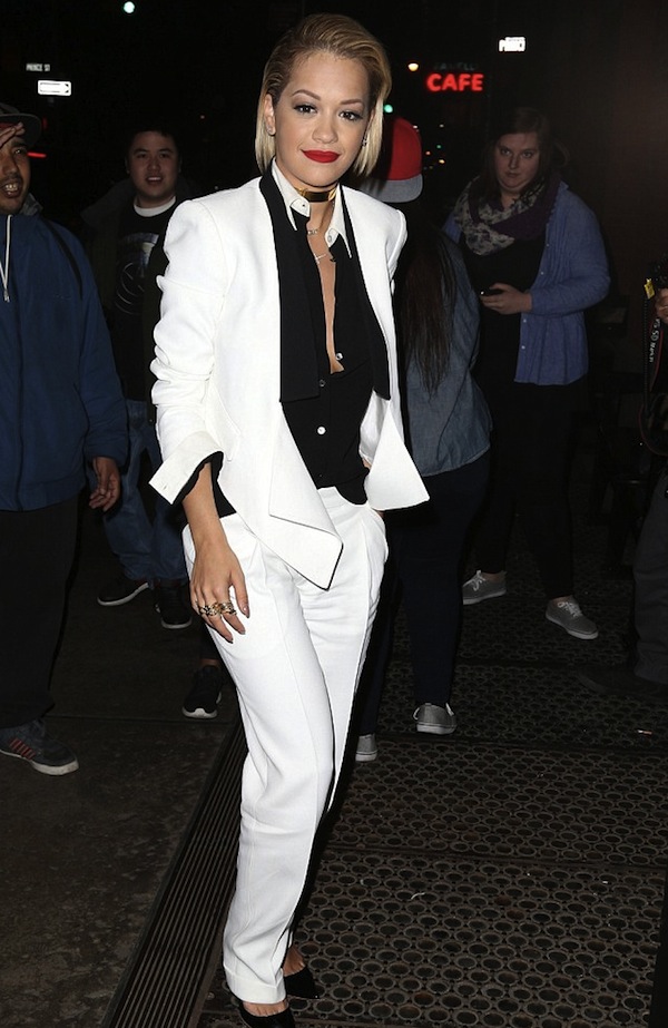 1 Rita Ora's Watch What Happens Live Michael Kors White Suit and Black Contrast Lapel Shirt