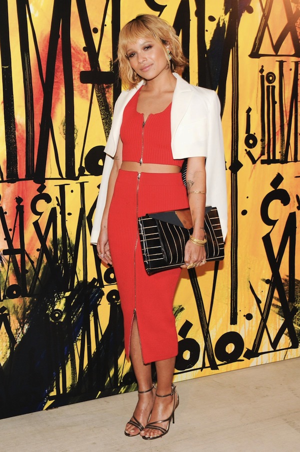 1  Zoe Kravitz's Jimmy Choo Beverly Hills Launch Event Barbara Bui White Tuxedo Jacket, T by Alexander Wang Red Two Zip Crop Top and Pencil Skirt, and Jimmy Choo Sandals