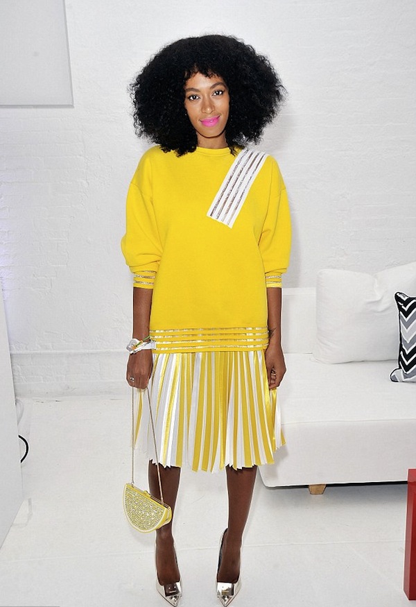 3 Solange Knowles's Q&Q Watch Launch Event Christopher Kane Yellow Sweater, PLeated Skirt, and SIlver Acne Pumps