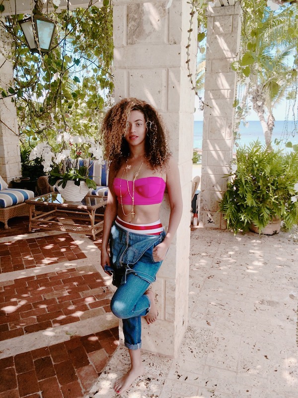 4 Beyonce's Tumblr Norma Kamali Pink Swimsuit Corset Top and Striped High Waisted Bottoms