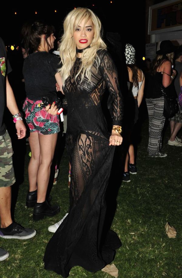 Rita Ora's Coachella Robert Cavalli Fall 2014 Black Sheer Knit Maxi