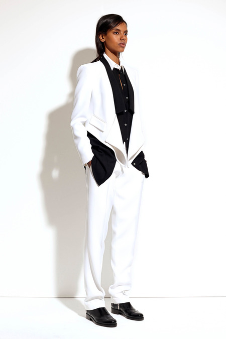 Rita Ora's Watch What Happens Live Michael Kors White Suit and Black Contrast Lapel Shirt 2