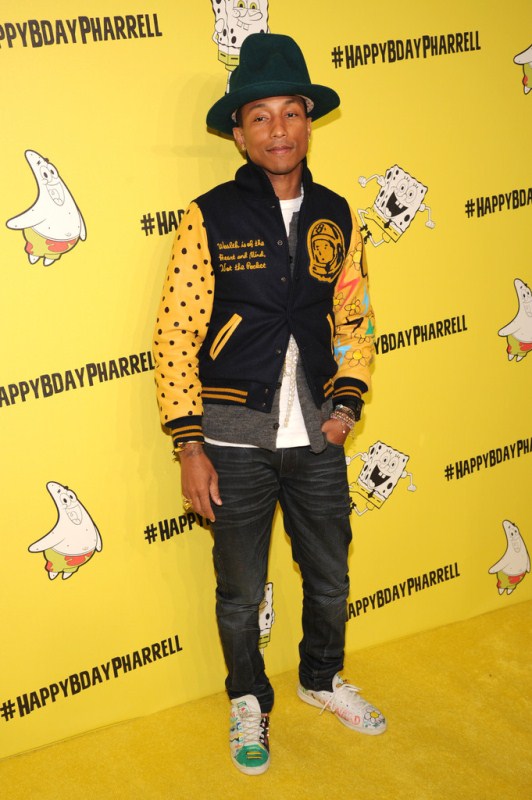pharrell-williams-41st-spongebob-themed-birthday-party-bbc-varsity-jacket-vivienne-westwood-hat-chanel-sneakers