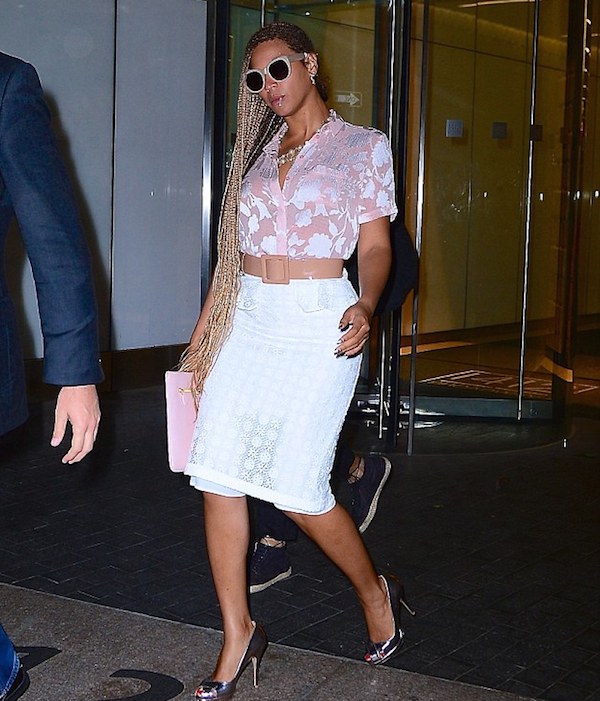 Beyonce's New York City Topshop Pink Crinkle Flower Shirt and Burberry Prorsum White Lace Pencil Skirt