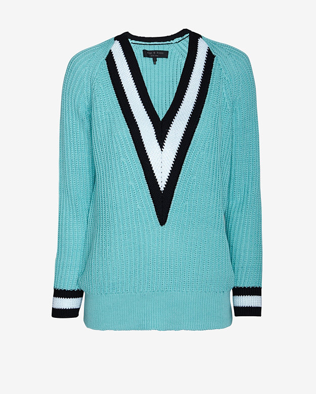 Lala Anthony's Instagram Rag & Bone Talia Deep V Neck Turquoise Varsity Sweater