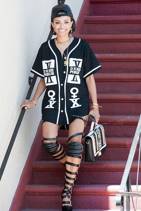 2 Kat Graham's West Hollywood Dime Piece Jersey and Haus von Lila Dogma Knee Pad Gladiator Sandals