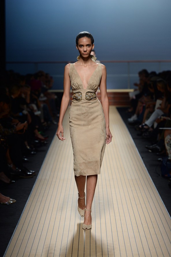 Kim Kardashian's New York City Ermanno Scervino Spring 2014 Brown Suede Halter Dress
