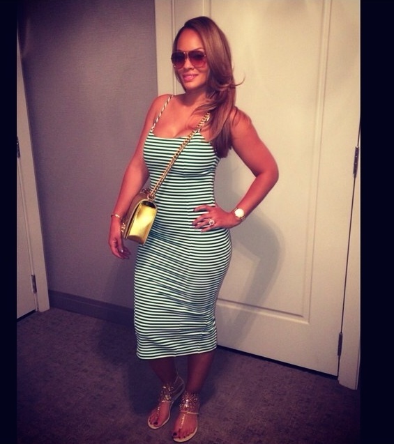 evelyn lozada torn by ronny kobo green and white striped tank dress