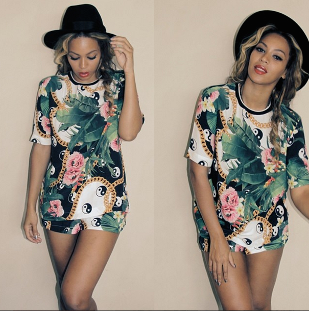 2 Beyonce's Instagram Jaded London Yin Yang and Palm Print Pink and Green Tee