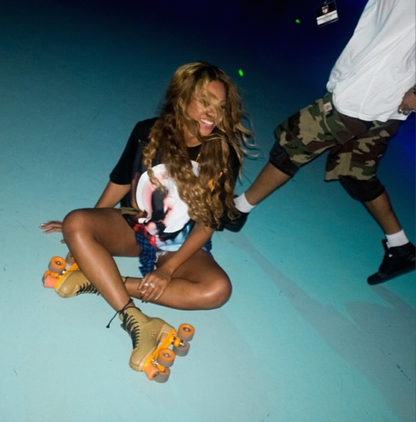 2 Beyonce's Instagram Roller Skating Rink Givenchy Madonna Halo Print T-Shirt and Nike Air Revolution Sky Hi Sneakers