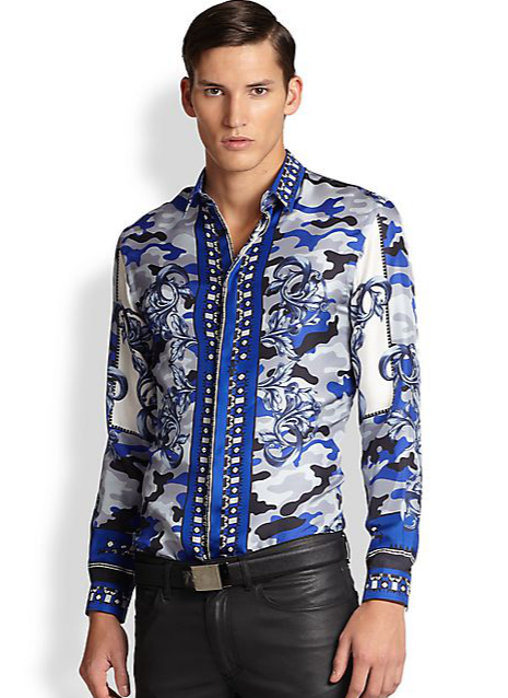 2  Diddy's Ibiza Versace Blue Camouflage Print Silk Shirt