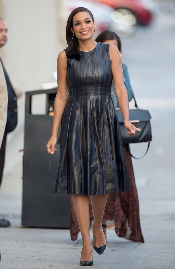 Rosario Dawson's Jimmy Kimmel Live Lie Sang Bong Fall 2014 Black Leather Pleated Dress