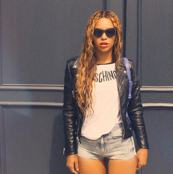 3 Beyoncé's Instagram Moschino T-Shirt, Christian Louboutin Girafina Knee High Gladiator Sandals, and Italia Independent I-V Rock Embellished Sunglasses
