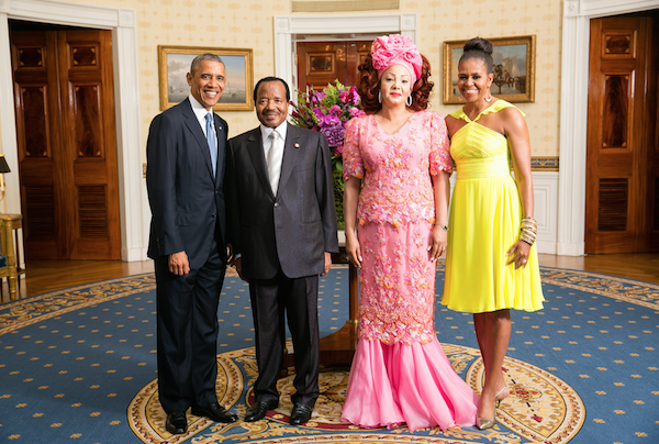 President Barack Obama and First Lady Michelle Obama greet His Excellency Paul Biya, President of the Republic of Cameroon, and Mrs. Chantal Biya