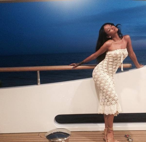 Rihanna's Capri Vacation Natalie Martin Strapless Cream Crochet Dress