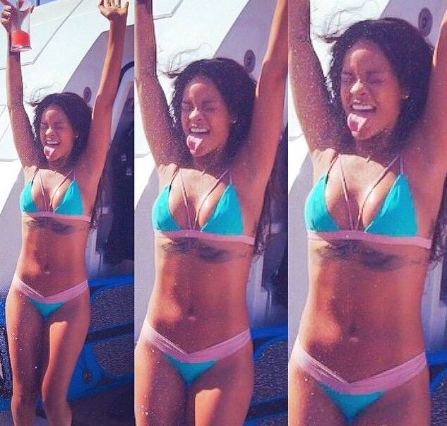 3 Rihanna's Capri Vacation Kai Lani Cowboy Suede Bralette Bikini Top and Leatherette Nude Exclusive Rihanna Bikini V-Bikini Bottom