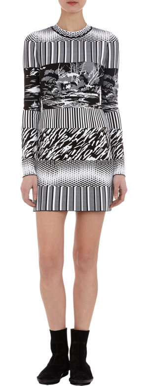 Beyonce's Paris Eiffel Tower Balenciaga Black, Gray, and White Mixed-Pattern Jacquard Knit Sweater Dress