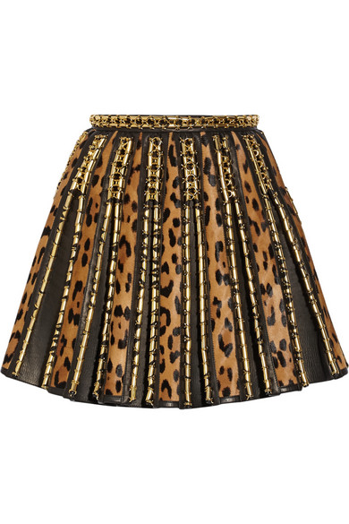 Mel B's America's Got Talent Season 9 Post Show Balmain Embellished Leopard Print, Calf Hair, and Leather Mini Skirt 0