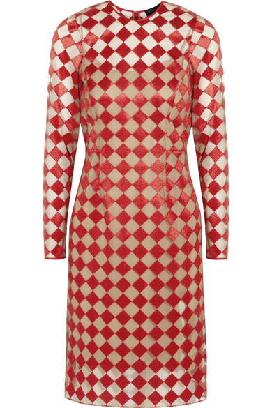 Mindy Kaling's Today Show Bella Freud Red, Black, and White Wool Sweater Dress + Her Colbert Report Jonathan Saunders Cadleigh Silk Embroidered Red and Nude Diamond Check Dress