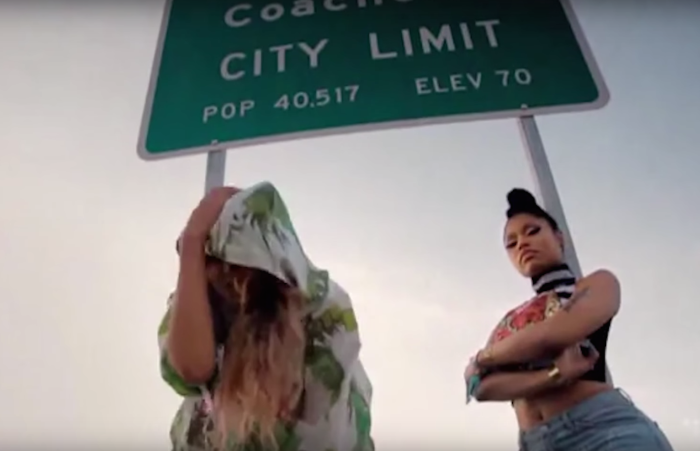 Beyonce and Nicki Minaj wear Phillip Plein, Givenchy, Moschino, and More in the Feeling Myself Video off white turtleneck striped
