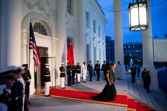 4 First Lady Michelle Obama Wears Custom Vera Wang Black Silk Crepe Mermaid Gown to welcome China's President Xi Jinping at the White House State Dinne