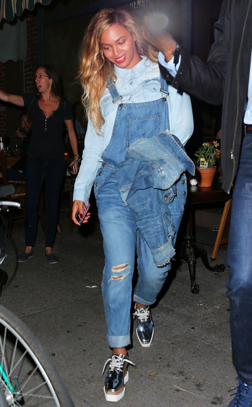 Beyonce's Brooklyn Pizza Run Hudson London Distressed Denim Overalls and Stella McCartney Silver Britt Shoes