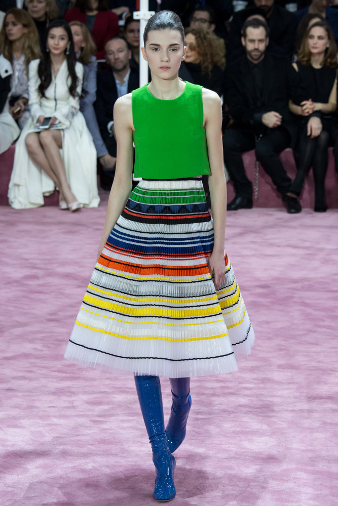 Natalie Portman's Paris Opera Ballet Défilé Opening Gala Dior Spring 2015 Couture Green, Red, Yellow, and Blue Striped Dress